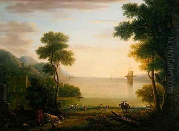 Classical landscape with figures and animals, Sunset, 1754 Oil Painting by John Wootton