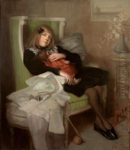 Portrait Eines Reizenden Madchens Mit Puppe Im Armlehnstuhl In Einem Salon Oil Painting by Cecile Morgand