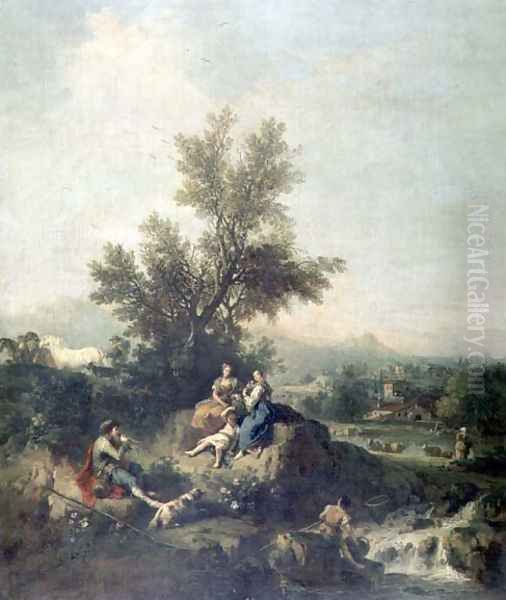 Italianate wooded landscape with a shepherd boy piping to peasant women Oil Painting by Francesco Zuccarelli