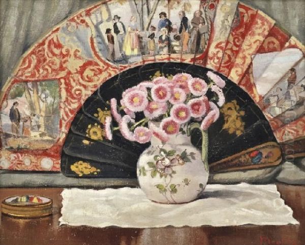 Still Life With Flowers And Fan Oil Painting by Ernest Moulines