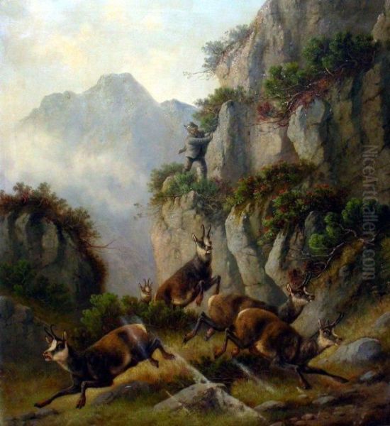 Gemsen Auf Steiler Hoh' Mit Jager Im Felsen Oil Painting by Moritz Kindermuller Muller