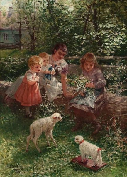 Madre Y Ninos En Un Jardin Oil Painting by Hermann Neuber