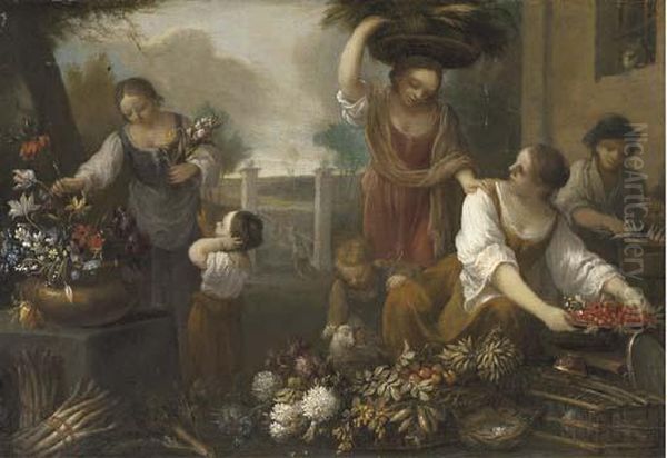 Women And Children Arranging Flowers In The Grounds Of A Building Oil Painting by Nicola Cassisa