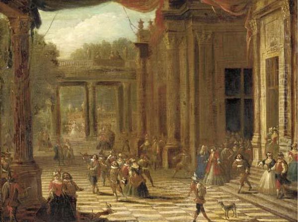 A Capriccio Of A Classical Palace Exterior With Elegant Company At A Masked Ball Oil Painting by Joseph Francis Nollekens