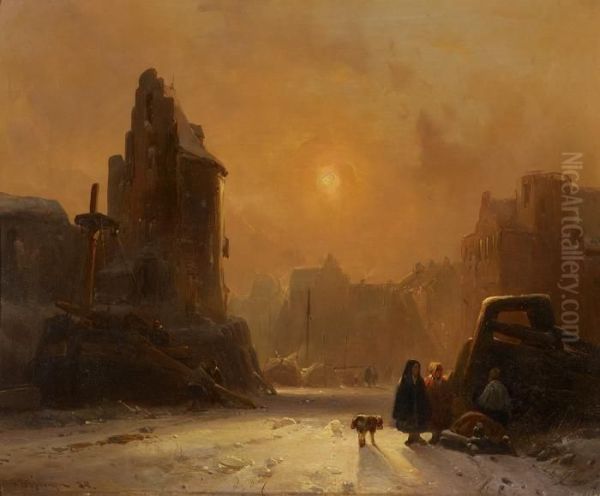 An Icy Winter Day On A Frozen Canal In A Dutch City Oil Painting by Wijnandus Johannes Josephus Nuyen