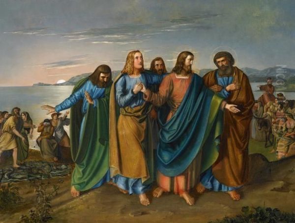 Christ With The First Apostels After Catching Fish Oil Painting by Carl Wilhelm Friedr. Oesterley