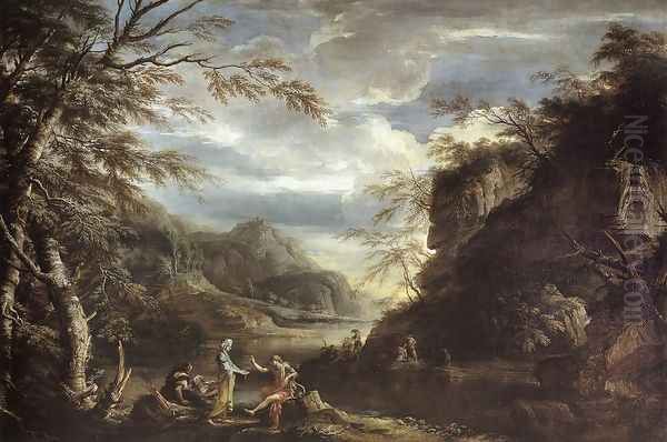 River Landscape with Apollo and the Cumean Sibyl c. 1655 Oil Painting by Salvator Rosa