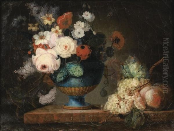 Nature Morte Au Vase De Fleurs, Raisins, Peches Sur Un Entablement De Marbre Oil Painting by Philippe Parpette