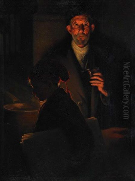 The Young Newsboy In The Glow Of Early Dawn Oil Painting by Francesco Pausas Y Coll