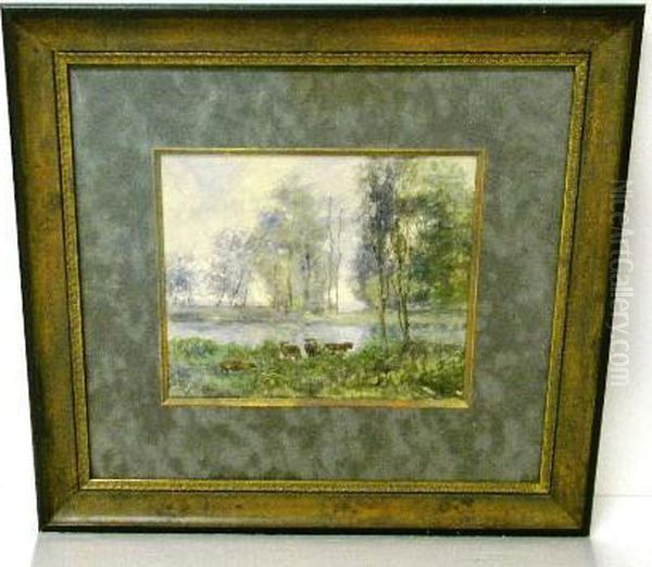 Cows Grazing Alongside River Oil Painting by A.J. Pell