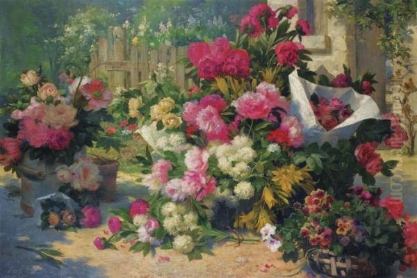 Paniers Et Pots De Fleurs Dans Un Jardin Oil Painting by Alfred Petit