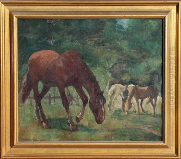 Horses In Pasture Oil Painting by Ludwig Wilhelm Plock