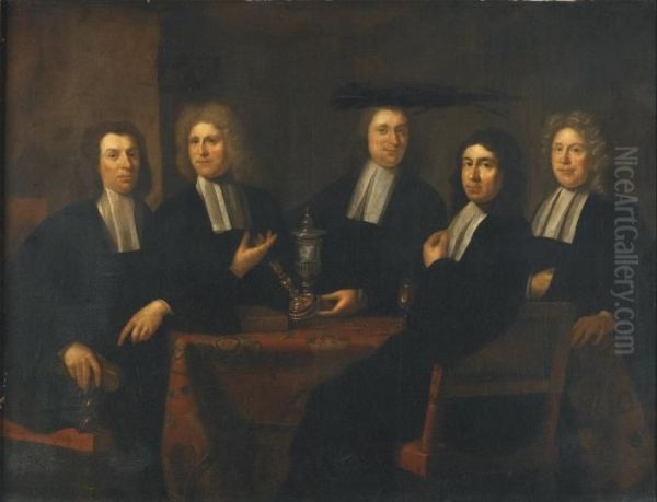 A Group Portrait Of Headmen Of 
The Amsterdam Gold And Silversmith's Guild: Derick Schelte, Deken; 
Johannes De Vicq; Matheus Weyland; Hendrick De Hondt And Gerrit Lange by Juriaen Pool