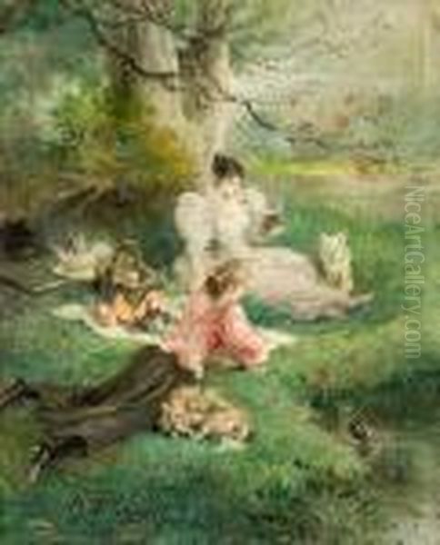 Picnic In The Park Oil Painting by Alexandre Celeste Gabriel Prevost