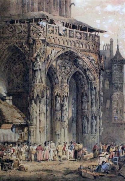 Market Beside A Cathedral Entrance Oil Painting by Samuel Prout