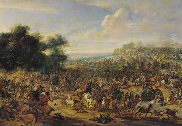 Battle near a Bridge Oil Painting by Adam Frans van der Meulen