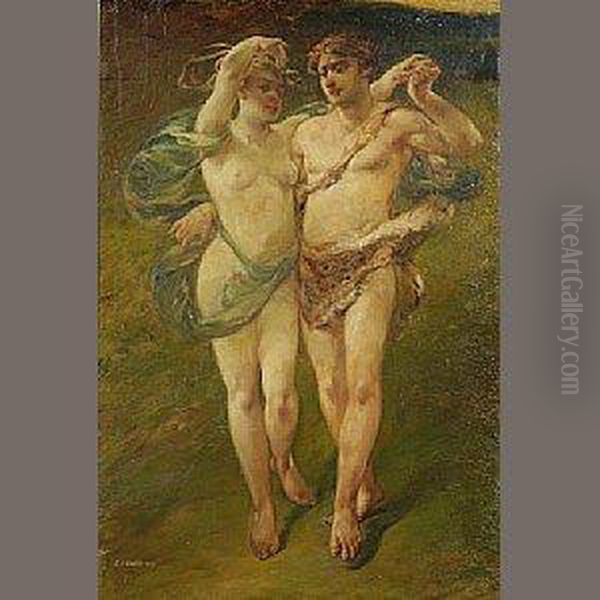 A Bacchanalian Couple Oil Painting by Emile Renard