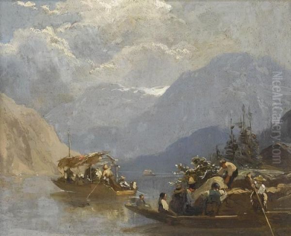 Bergsee Mit Booten Oil Painting by Antony Eugene Renouard