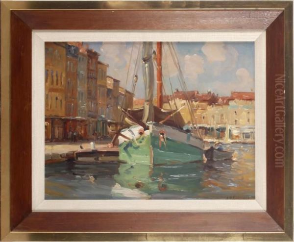 A Docked Boat Oil Painting by Jules Ribeaucourt