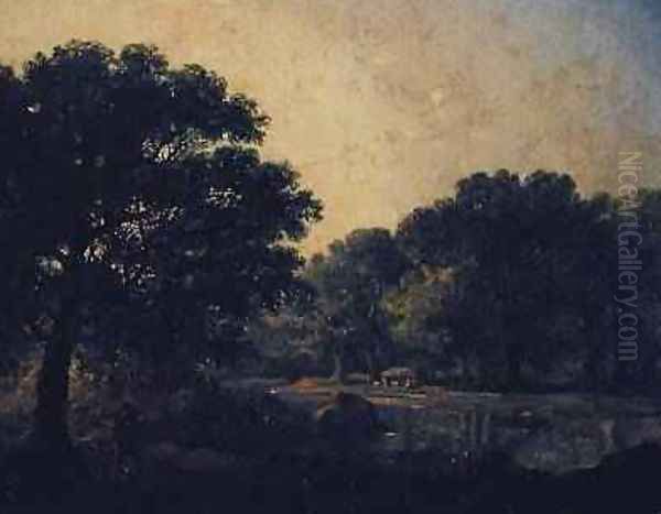 Wooded river landscape with a figure in a boat Oil Painting by James Arthur O'Connor