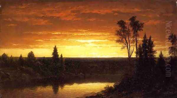 River Sunset - View of the Catskills Oil Painting by John William Casilear