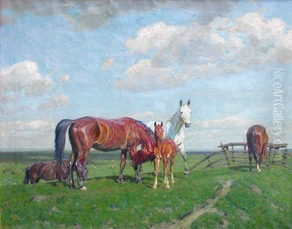 Weite Sommerliche Weidelandschaft Mit Pferden by Alfred Roloff