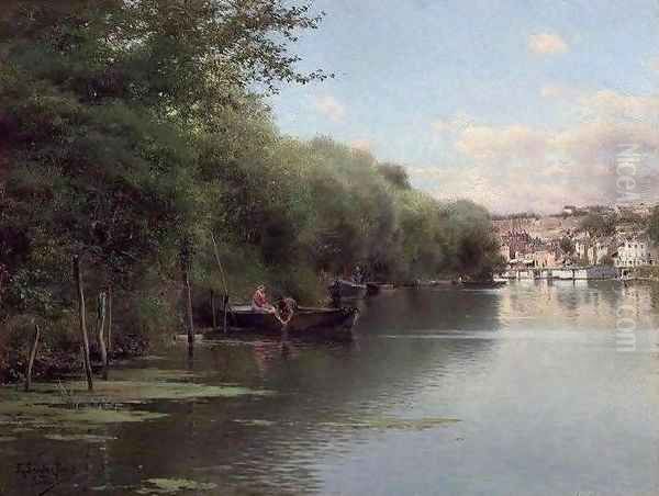 Fishing on the Bank of the Oise Pontoise Oil Painting by Emilio Sanchez-Perrier