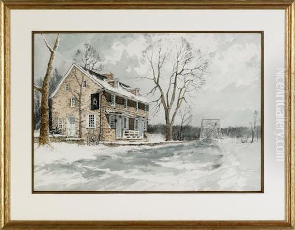 A Winter Landscape Depicting A Farmhouse Oil Painting by James Ross