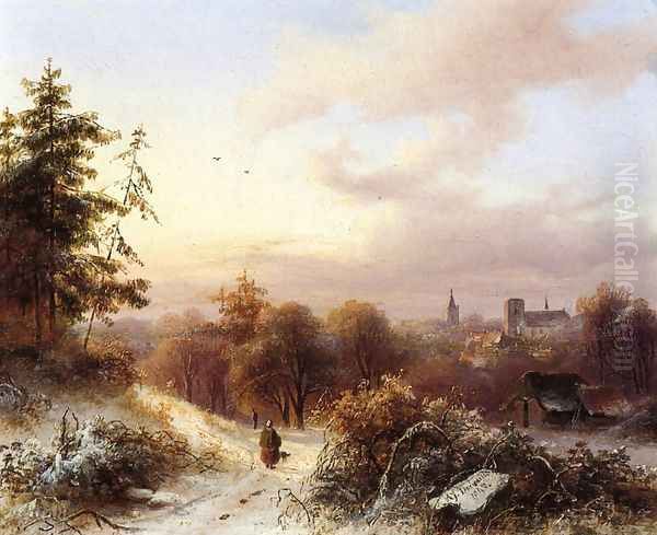 Winter: A Peasant on a Path in a Wooded Landscape, a Town in the Background Oil Painting by Alexander Joseph Daiwaille