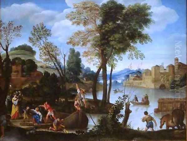 An Italianate River Landscape with Poling Boatman and a Woman with a Basket of Crabs Oil Painting by Domenico Zampieri (Domenichino)