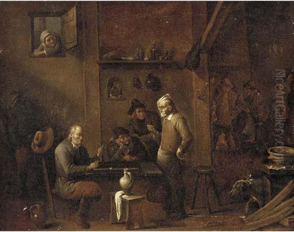 Boors Smoking And Gaming In An Inn Oil Painting by David The Elder Ryckaert