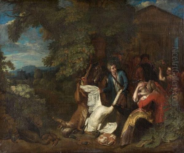 Le Retour De La Chasse Et Personnages Au Pied D'une Statue Oil Painting by Pieter Andreas Rysbrack