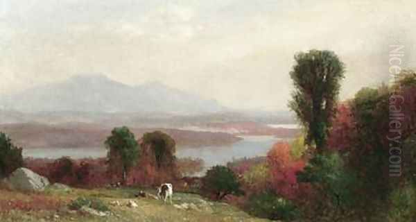 Cows and Sheep Grazing in an Autumn River Oil Painting by Homer Dodge Martin