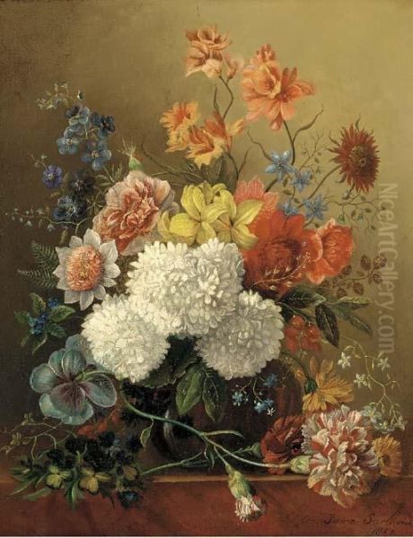 Mixed Summer Flowers In A Glass Vase On A Ledge Oil Painting by Sara Sartorius