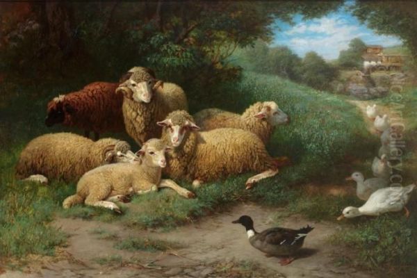 Landliche Idylle Mit Ruhender Schafherde Und Ganseschar, Im Hintergrund Alte Muhle Oil Painting by Ferdinand Schmalzigaug