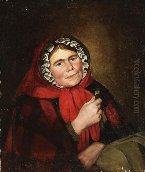 Portrait Of A Woman With Red Head Scarf Oil Painting by Karl Christian Schmidt