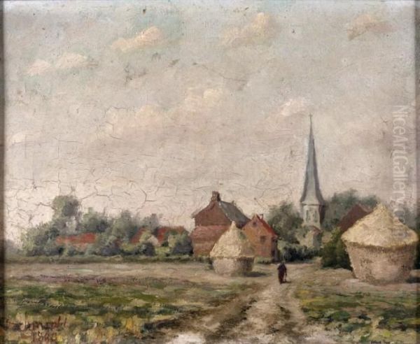 Paysage Aux Meules Et Au Clocher Oil Painting by Louis Lucien J.B. Schmidt