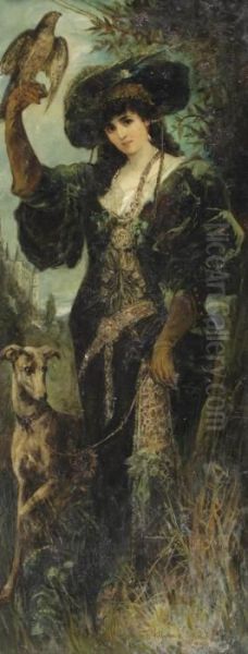 A Lady With A Falcon And A Dog Oil Painting by Schneider Heinrich & Wilhelm