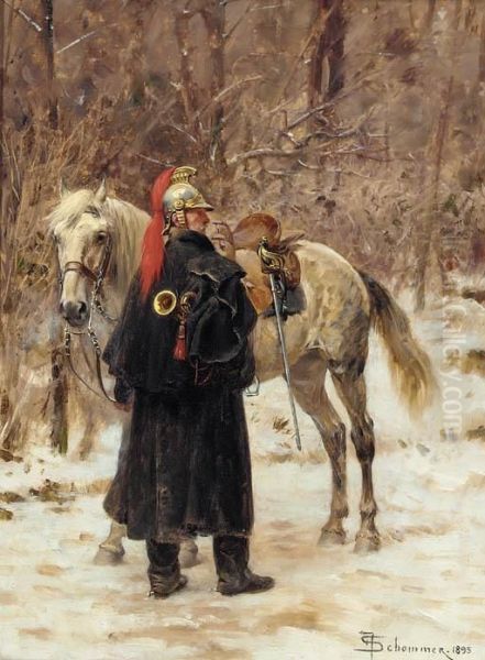 A French Trumpeter Standing By His Mount In A Winter Landscape Oil Painting by Francois Schommer