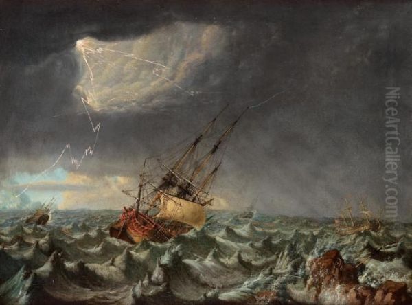 Fartyg I Storm Oil Painting by Johan Tietrich Schoultz