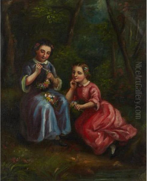 Young Girls Making Flower Crowns Oil Painting by Charlotte Mount B. Schreiber