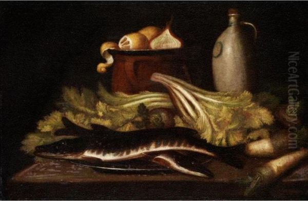 Gemusestilleben Mit Fischen Oil Painting by Johann Michael Schwabeda