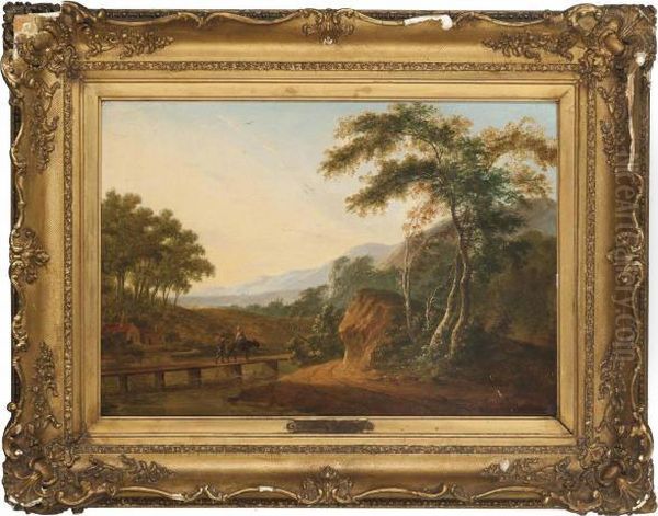 An Italianate Landscape With Two Travellers On A Bridge Oil Painting by Hendrick Wilhelm Schweikardt