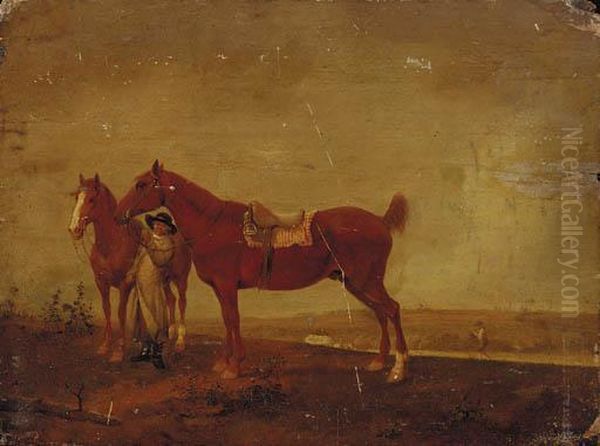 A Groom With Two Saddled Chestnut Hunters Oil Painting by Hendrick Wilhelm Schweikardt