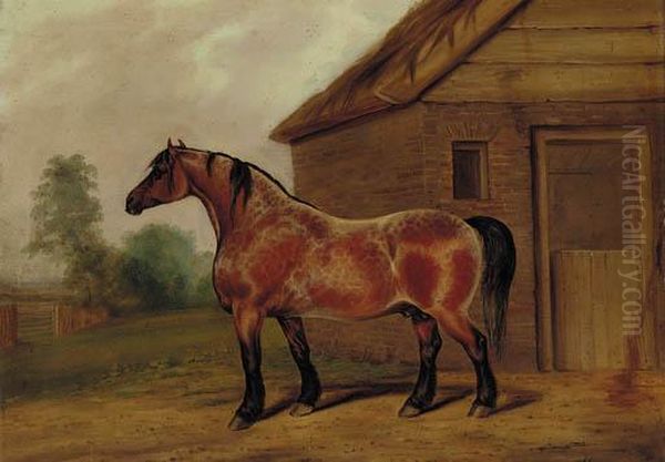 A Strawberry Roan Horse Before A Stable Oil Painting by James Scraggs