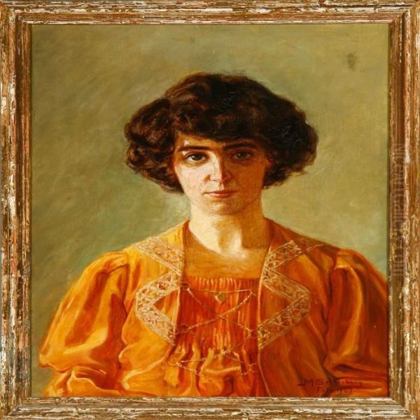 A Portrait Of A Woman With Dark Hair And An Orange Dress by Maja Setterberg