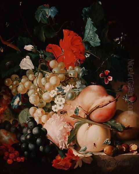 Mixed Flowers and Fruit with Insects on a Marble Plinth Oil Painting by Jan Van Huysum