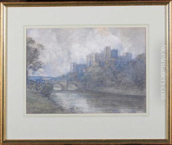 A Castle By A River - Possibly Alnwick Castle Oil Painting by Hugh Bellingham Smith