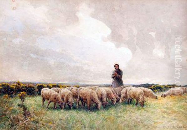 Shepherd And Sheep Grazing Oil Painting by Miller Smith