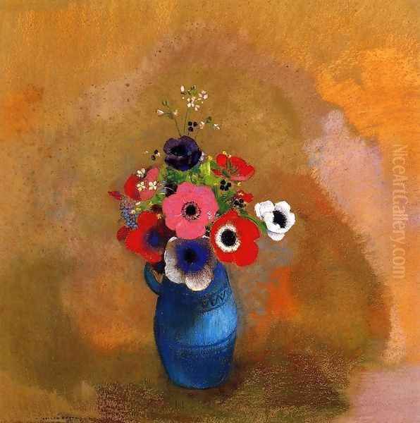 Anemonies In A Blue Vase Oil Painting by Odilon Redon